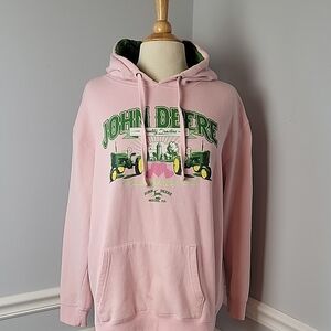 JOHN‎ DEERE Pink Green Tractor Graphic Pull Over Hooded Hoodie Casual Sweatshirt